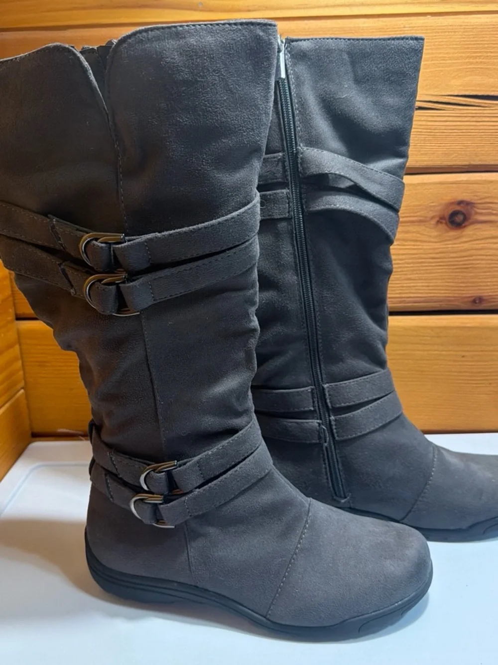 Women's Gray Mid-Calf Buckle Boots
